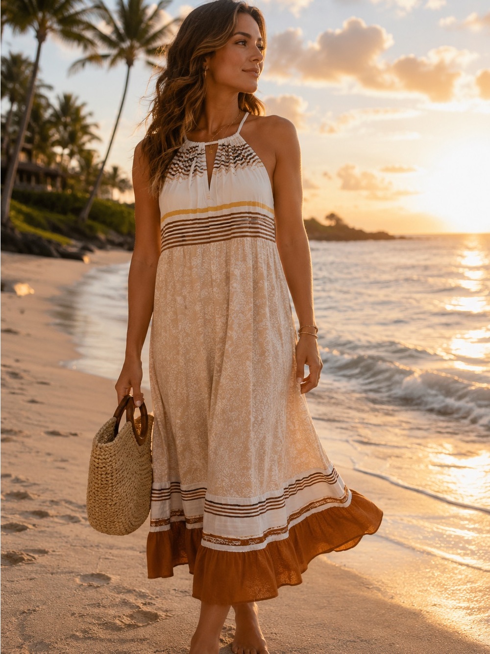 prAna Parisol Midi Dress Size M Peach Canopy Orange Striped Halter Style Beach